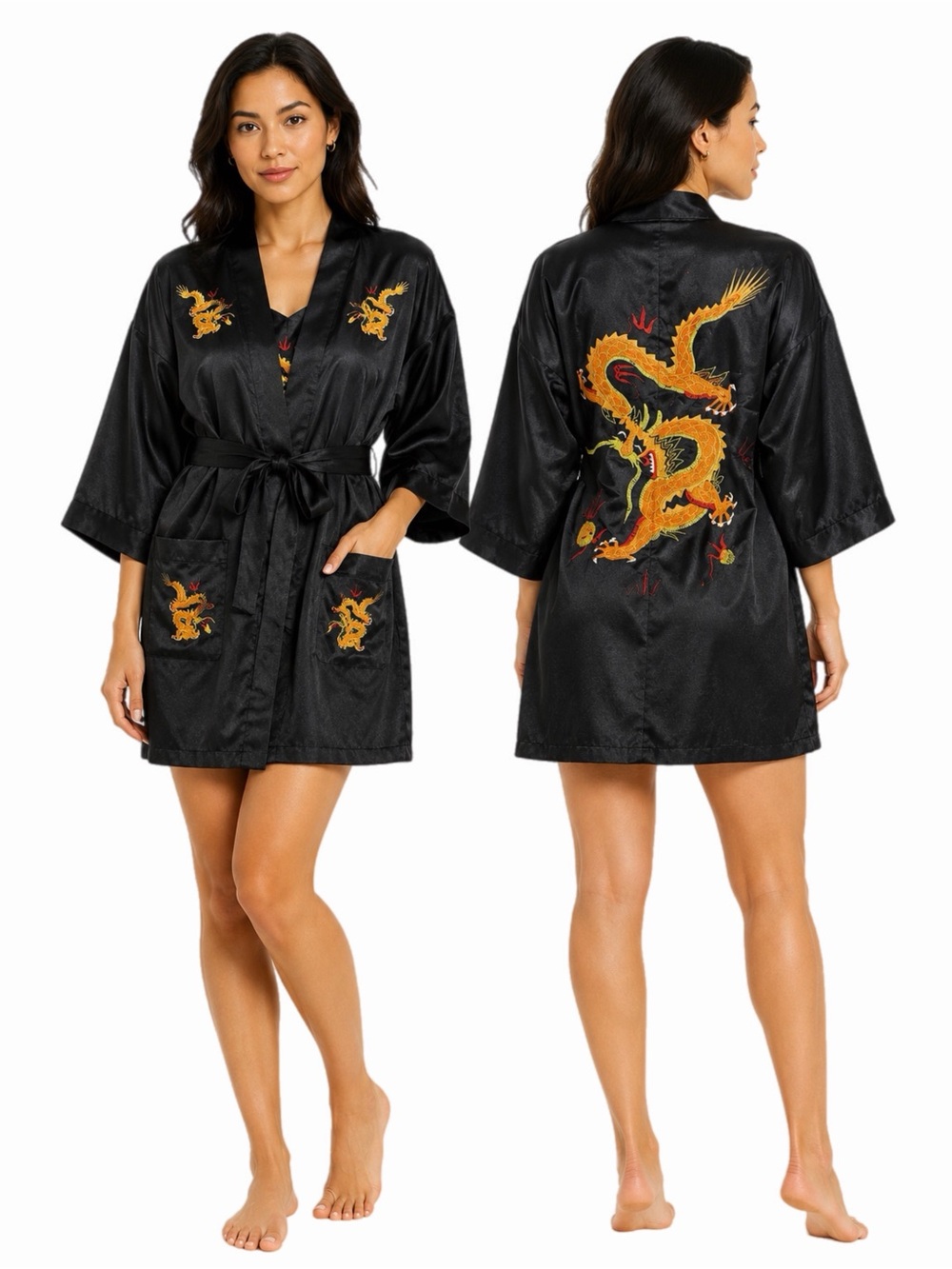 70s European Vintage Import Dragon Embroidery Satin Kimono Mini Robe (Black)
O/S